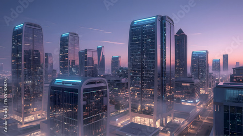 A stunning futuristic cityscape featuring sleek high-rise buildings with illuminated windows under a purple dusk sky, blending modern architecture with sci-fi elements and advanced urban development. 