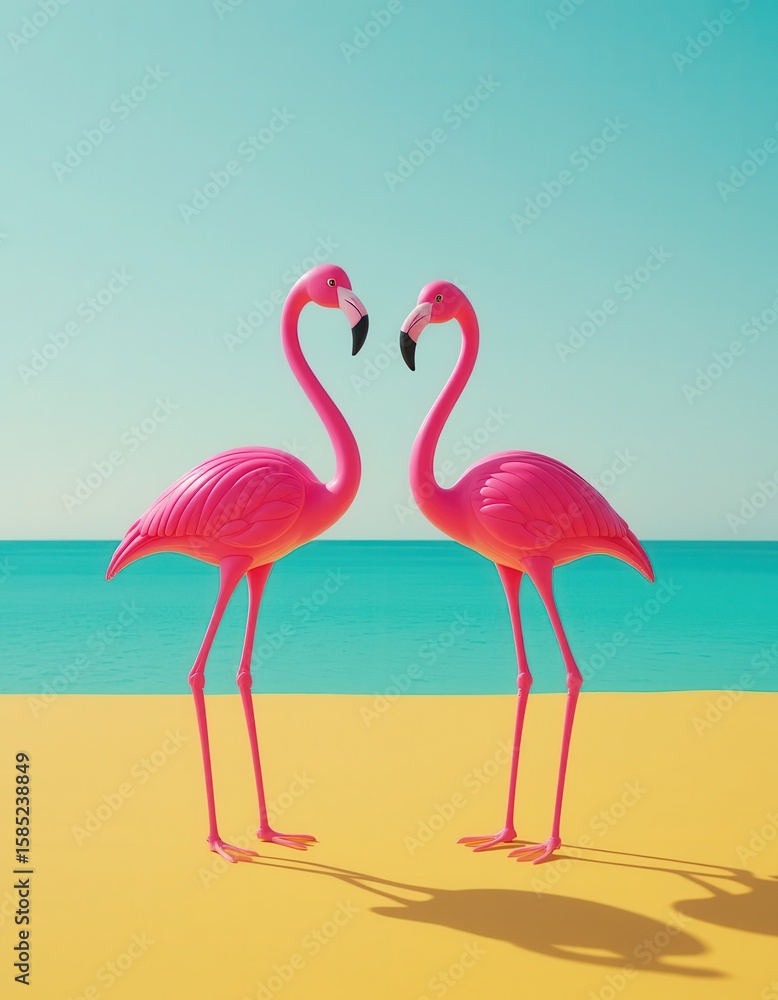 Obraz premium Two pink flamingo sculptures standing on a yellow surface with ocean backdrop