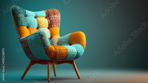 Retro chair with colorful upholstery and wooden legs under ambient light