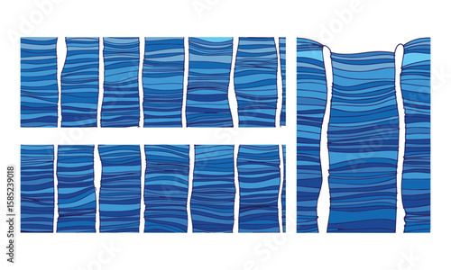 Abstract blue striped pattern forming vertical blocks against a white background