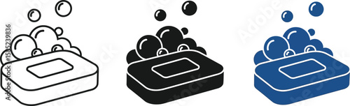 Three vector soap icons with bubbles showcase hygiene, cleanliness, and washing in varied line art styles for your designs.