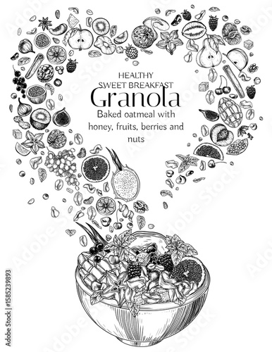 Vector illustration of a portion of granola with falling ingredients in the shape of a heart. Oatmeal with nuts, berries and fruits. Healthy breakfast banner. Cafe banner. Home cooking