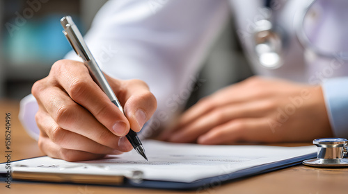 Plano cerrado de médico con bata blanca, escribiendo diagnóstico en papel.Precisión y responsabilidad: el acto de escribir un diagnóstico como símbolo de cuidado y profesionalismo médico.
