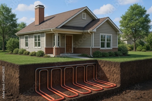 geothermal home system. A suburban house with an underground geothermal heating system illustrated beneath the lawn and foundation.