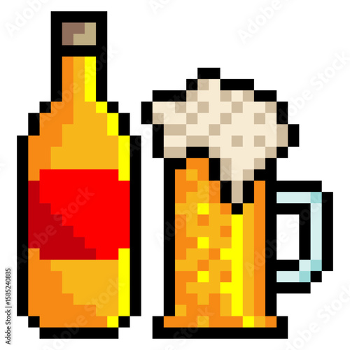 Beer bottle and beer mug in pixel art isolated on white background