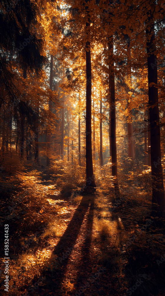 Fototapeta premium Sunlight filtering through golden foliage in a dense forest, creating long shadows and a magical atmosphere 