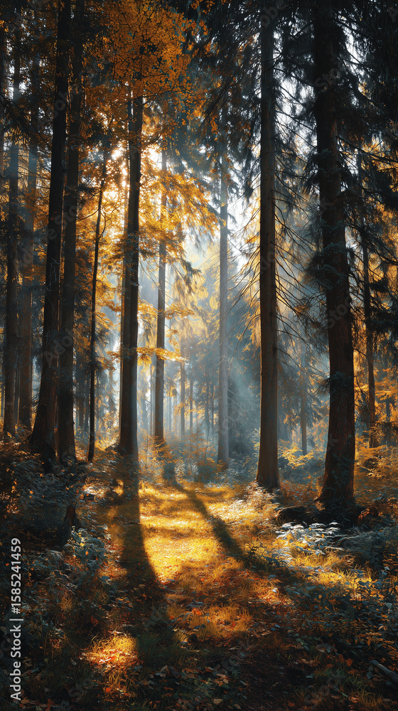 Fototapeta premium Sunlight filtering through golden foliage in a dense forest, creating long shadows and a magical atmosphere 