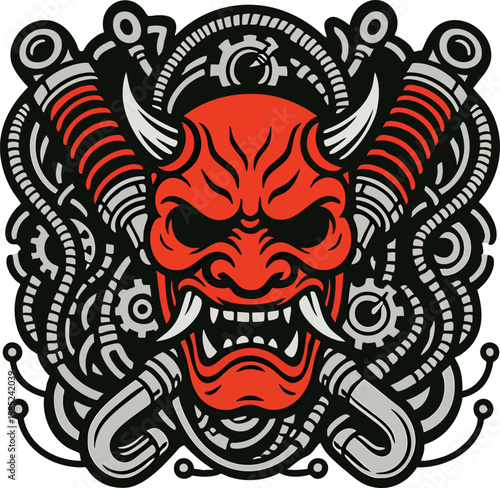 Red Demon Mask with Mechanical Engine Parts Vector