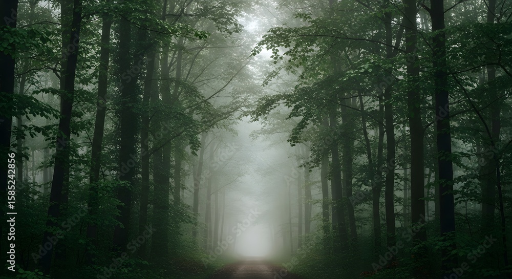 Fototapeta premium Misty Forest Path: Enigmatic Tranquility in Verdant Depths
