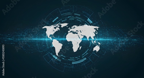 Futuristic Digital World Map Illustration with Connectivity Lines and Abstract Design Elements