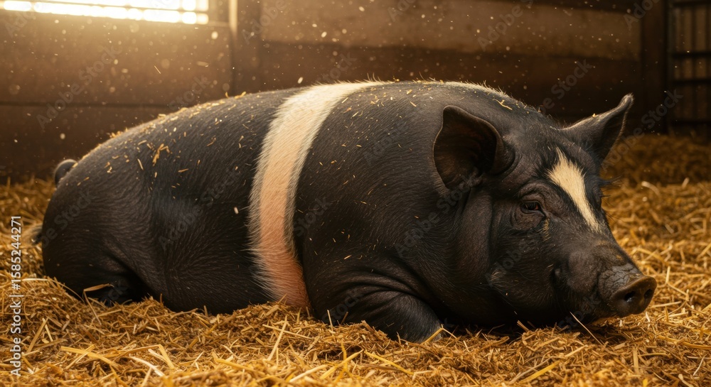 Fototapeta premium hamshire pig | A peaceful pig resting comfortably on a bed of straw in a rustic barn, surrounded by warm sunlight filtering through wooden beams, evoking a serene farm atmosphere