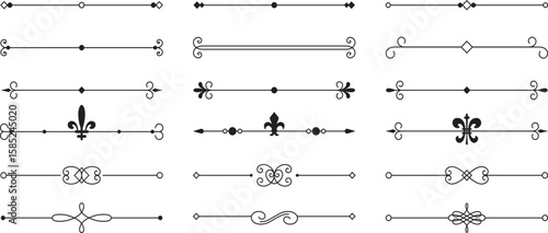Elegant black line dividers with vintage ornaments. Set of classic decorative flourishes. Vector border designs for luxury labels, packaging and wedding invites.