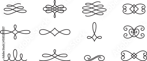 Elegant vintage flourishes and swirls in black color. Vector set of decorative calligraphic elements. Classic ornaments for wedding and luxury design.