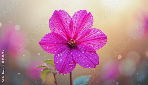 Close-up of a vibrant pink cosmos flower adorned with glistening water droplets, set against a soft, dreamy background