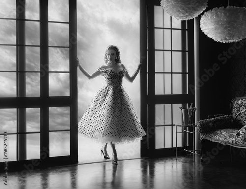 Dark silhouette retro lady beauty woman opens doors and enters room from balcony walking in classic luxury room. Vintage dress. Sexy Girl fashion model 30s pin-up old style black and white art photo