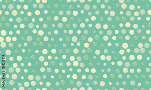 Seamless pastel circle pattern.  Elegant, whimsical design with soft teal background  varying sized dots. Ideal for backgrounds, textiles, websites,  playful branding.