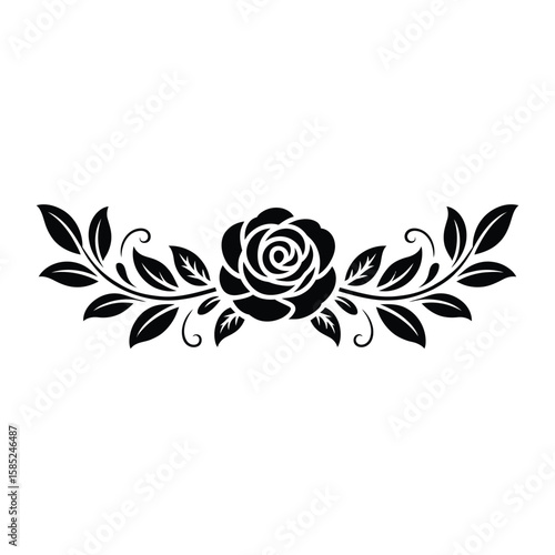 Elegant Rose and Leaves Floral Design Element in Black Silhouette