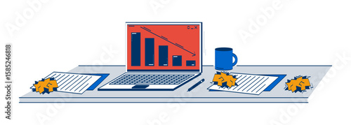 Cluttered desk with declining bar chart on laptop 2D doodle object. Paper balls, failed project data cartoon element flat vector clipart isolated on white background. Hand drawn illustration