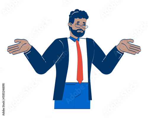 Confused corporate black man shrugging with open hands 2D doodle character. African american professional uncertain cartoon person vector drawing isolated on white. Hand drawn illustration colorful