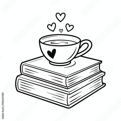 Cup of coffee on books with hearts black and white illustration