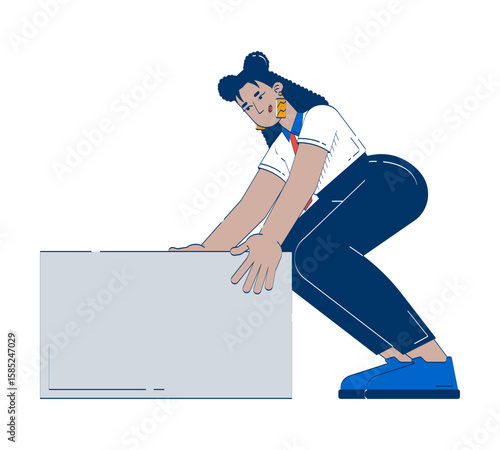 Latina businesswoman bending to lift heavy block 2D doodle character. Hispanic female professional manual work cartoon person vector drawing isolated on white. Hand drawn illustration colorful