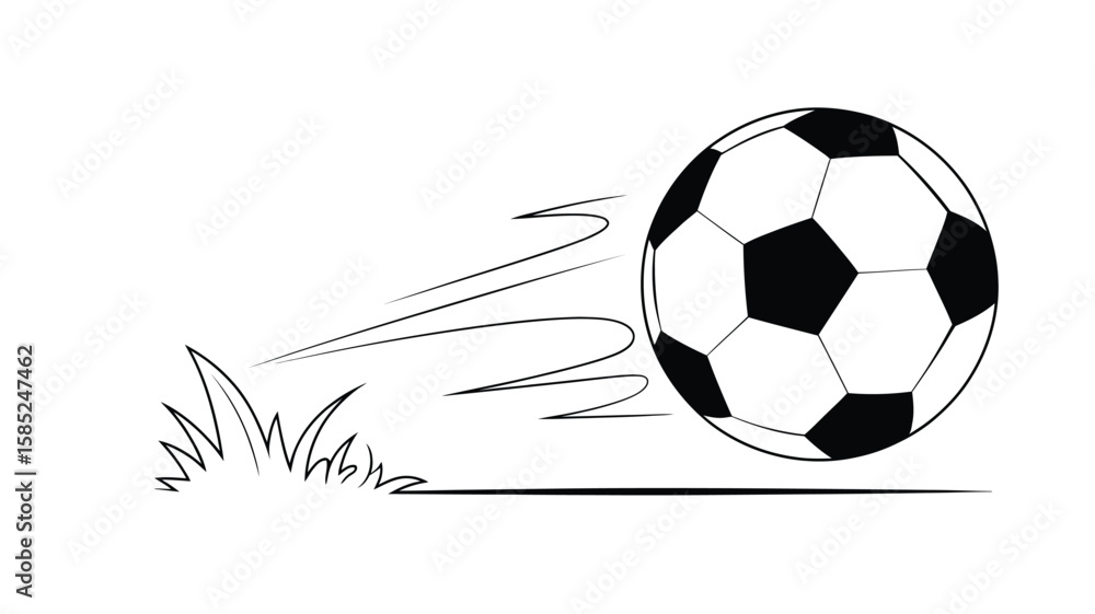 Obraz premium Soccer ball in motion with grass black and white illustration
