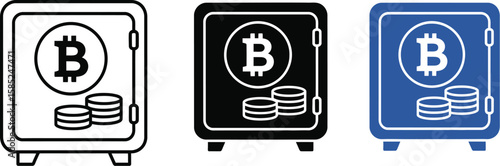 Colorful safe containing bitcoin symbols and coins represents digital wealth, cryptocurrency security, and secure financial investments.