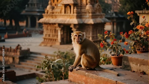 Nepal Monkey at Ancient Temple - Peaceful Moment in Sunrise Light