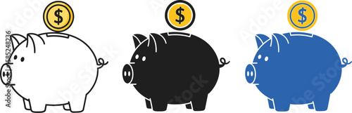 Three colorful piggy banks, pink, black, and blue, each topped with a gold coin, illustrating savings and financial growth.