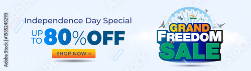 Happy independence day of india. Grand freedom festival sale, 80% off, deal, discount, and offer banner design.
