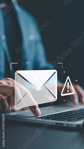 A focused individual sits at a wooden desk, typing on a sleek laptop, with a digital email envelope icon visible on the screen, symbolizing communication.