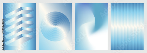 Gradient cover templates set with vibrant perspective geometric prism, circular shapes. Vector poster with ripple glass effect. Modern design for social media, brochure cover, web banner, music flyer