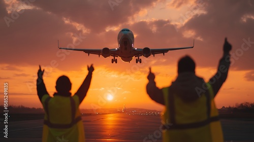 Airplane Landing at Sunset with Ground Crew Guiding