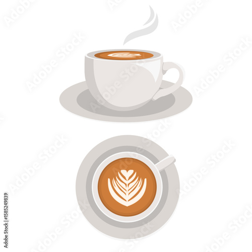 A cup of foamy cappuccino with a latte art design on top. Illustration of a white cup from side and top view. Vector illustration in flat art style.
