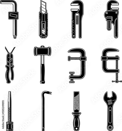 A versatile hand tools icon set presents various instrument illustrations for construction and repair projects, transparent background