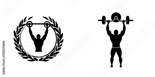 Icon featuring a weightlifter with barbells and a laurel wreath symbolizing strength and achievement in fitness