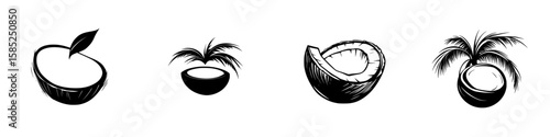 Black icon collection featuring various coconut designs with detailed illustrations and distinct styles