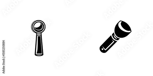 Simple black icon design featuring a magnifying glass and flashlight in a minimalist style