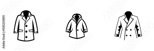 Stylish black coat icons showcasing different designs for fashion and apparel enthusiasts in a minimalist style