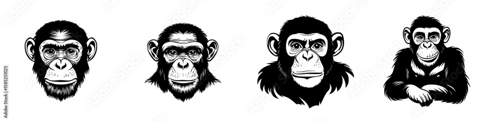 Obraz premium Different expressions of black monkey icons featuring detailed facial traits and unique characteristics of each depiction
