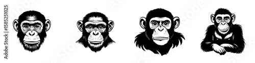 Different expressions of black monkey icons featuring detailed facial traits and unique characteristics of each depiction