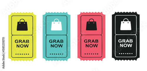"Grab Now" sale tickets with shopping bag icons on white