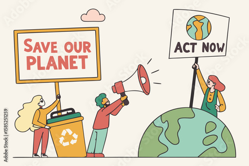 People advocating for environmental protection with signs, megaphone, and recycling bin on earth day event