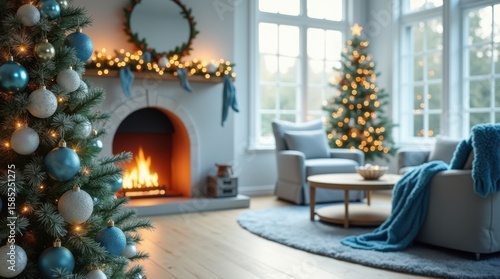 realistic living room with a vibrant Christmas tree adorned with blue ornaments, minimalist fireplace, plush armchair, blue throw, and floor-to-ceiling windows in soft, natural light.