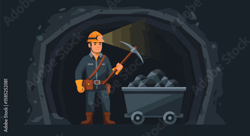 Miner in a dark mine shaft, holding a pickaxe and examining coal.