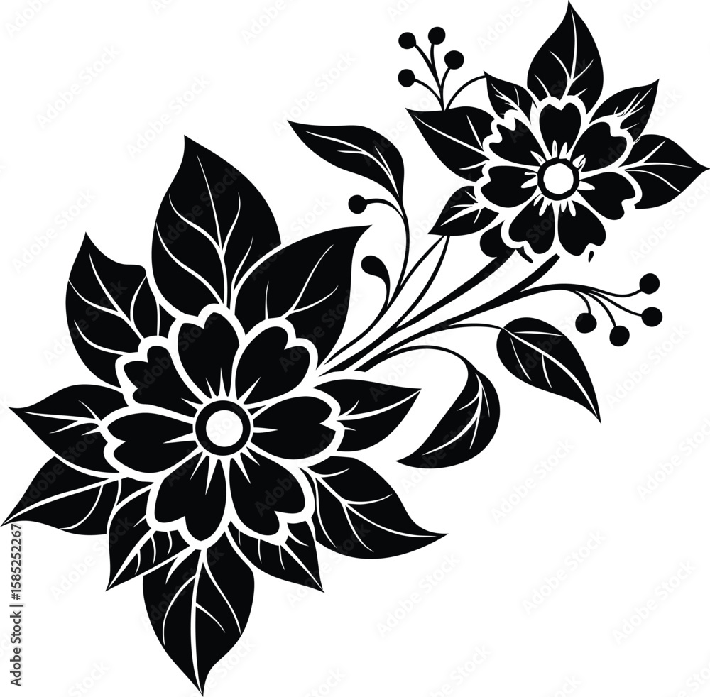 Obraz premium Floral Corner Motif with Overlapping Leaves and Petals