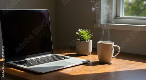 Wallpaper Mural A laptop sits on a desk next to a steaming mug and a potted plant, bathed in sunlight near a window. Torontodigital.ca