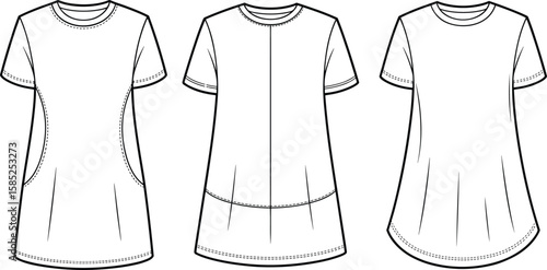 Women's short sleeve tunic dress front views collection, fashion flat sketch design, technical apparel illustration, cad drawing flat vector illustration