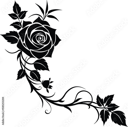 Flowing Rose and Vine Corner Silhouette with Sharp Thorns