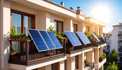 Modern apartment building with solar panels on balconies